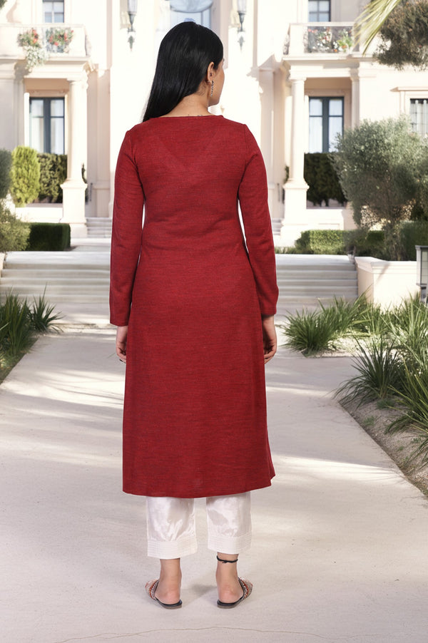 Maroon Embroidered A-Line Acrylic Winter Kurta