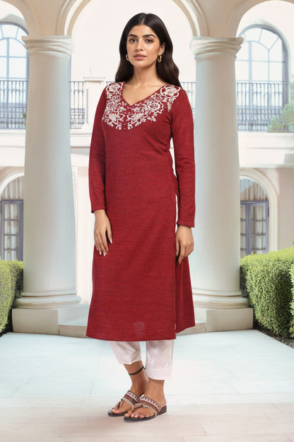 Maroon Embroidered A-Line Acrylic Winter Kurta