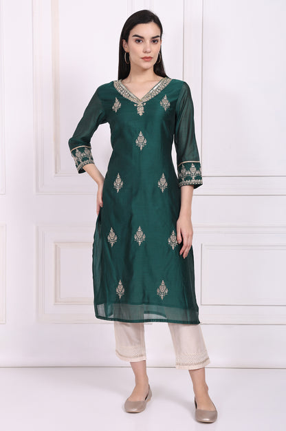 Green Embroidered Straight Kurta