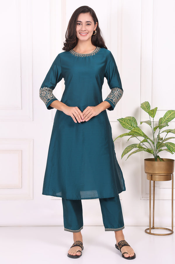 Teal Solid Metallic Embroidered Straight Kurta