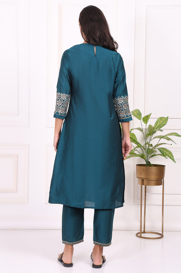 Teal Solid Metallic Embroidered Straight Kurta
