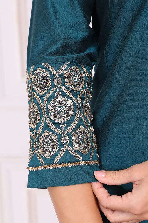 Teal Solid Metallic Embroidered Straight Kurta