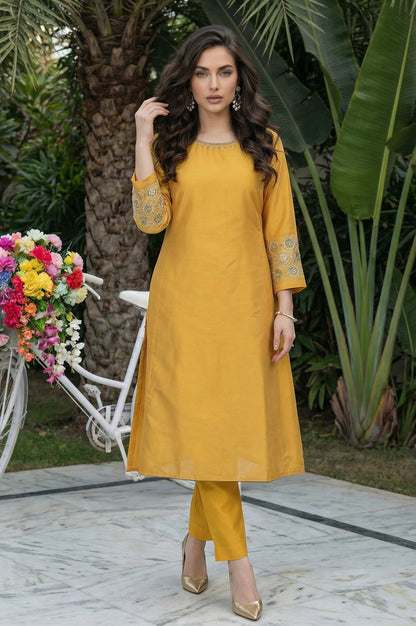 Mustard Embroidered A-Line Rayon Kurta