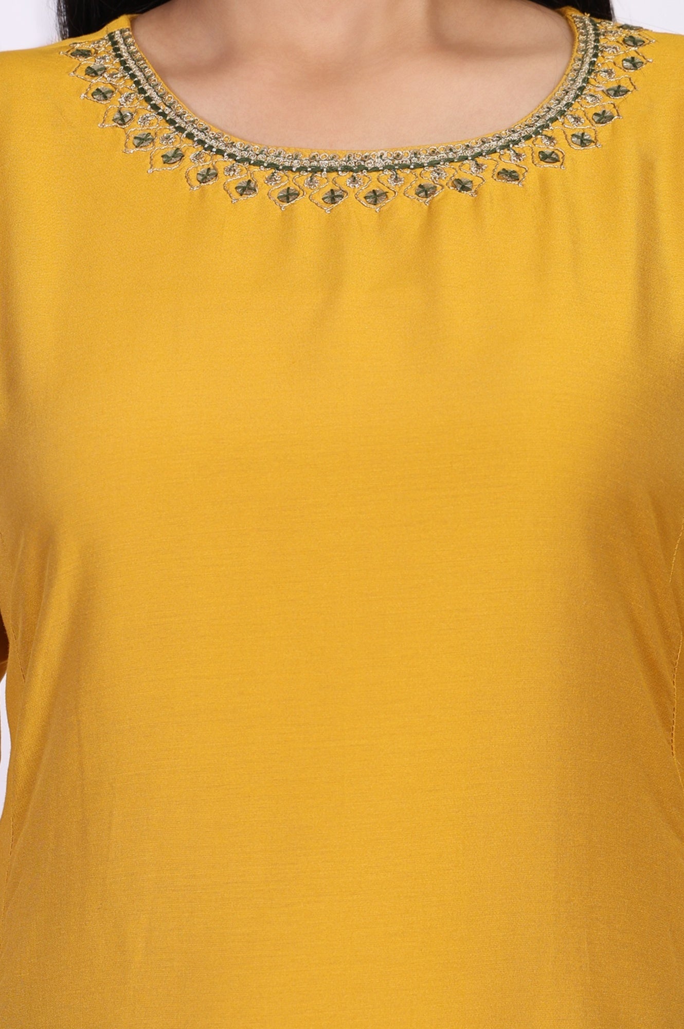 Mustard Embroidered A-Line Rayon Kurta