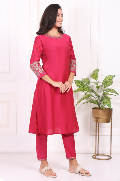 Pink Solid Metallic Embroidered Straight Kurta