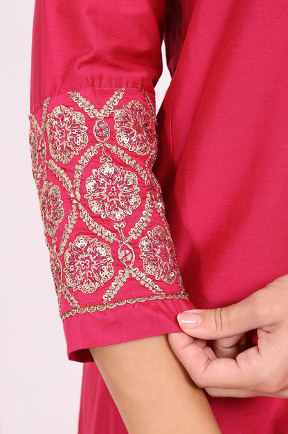 Pink Solid Metallic Embroidered Straight Kurta