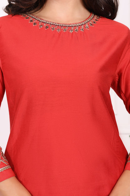Red Solid Metallic Embroidered Straight Kurta