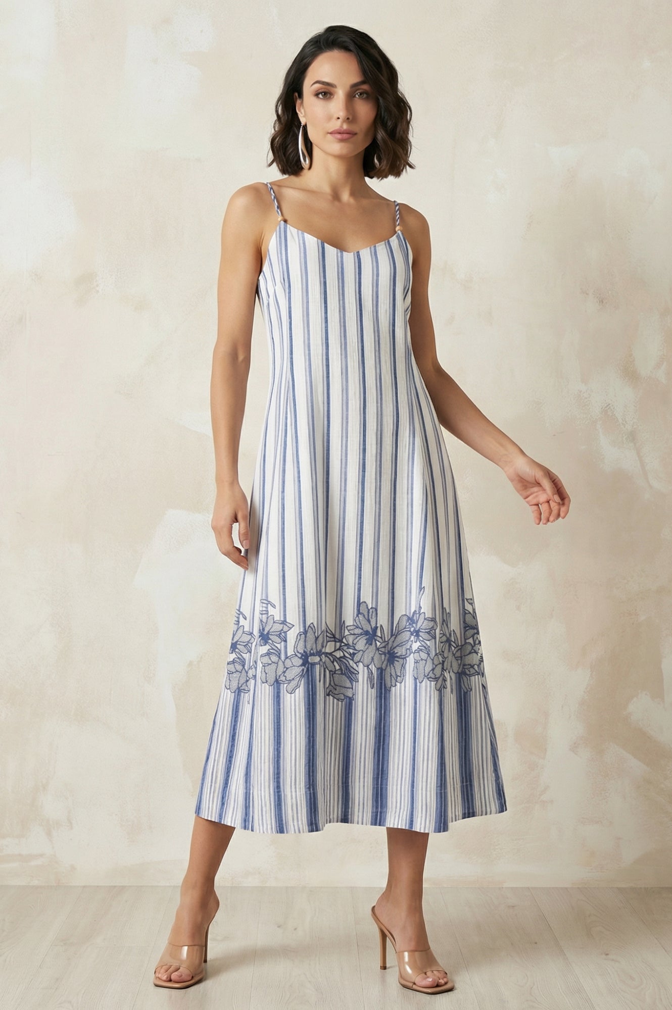 White Striped Floral Printed Noodle Straps Rayon A-line Western Dress