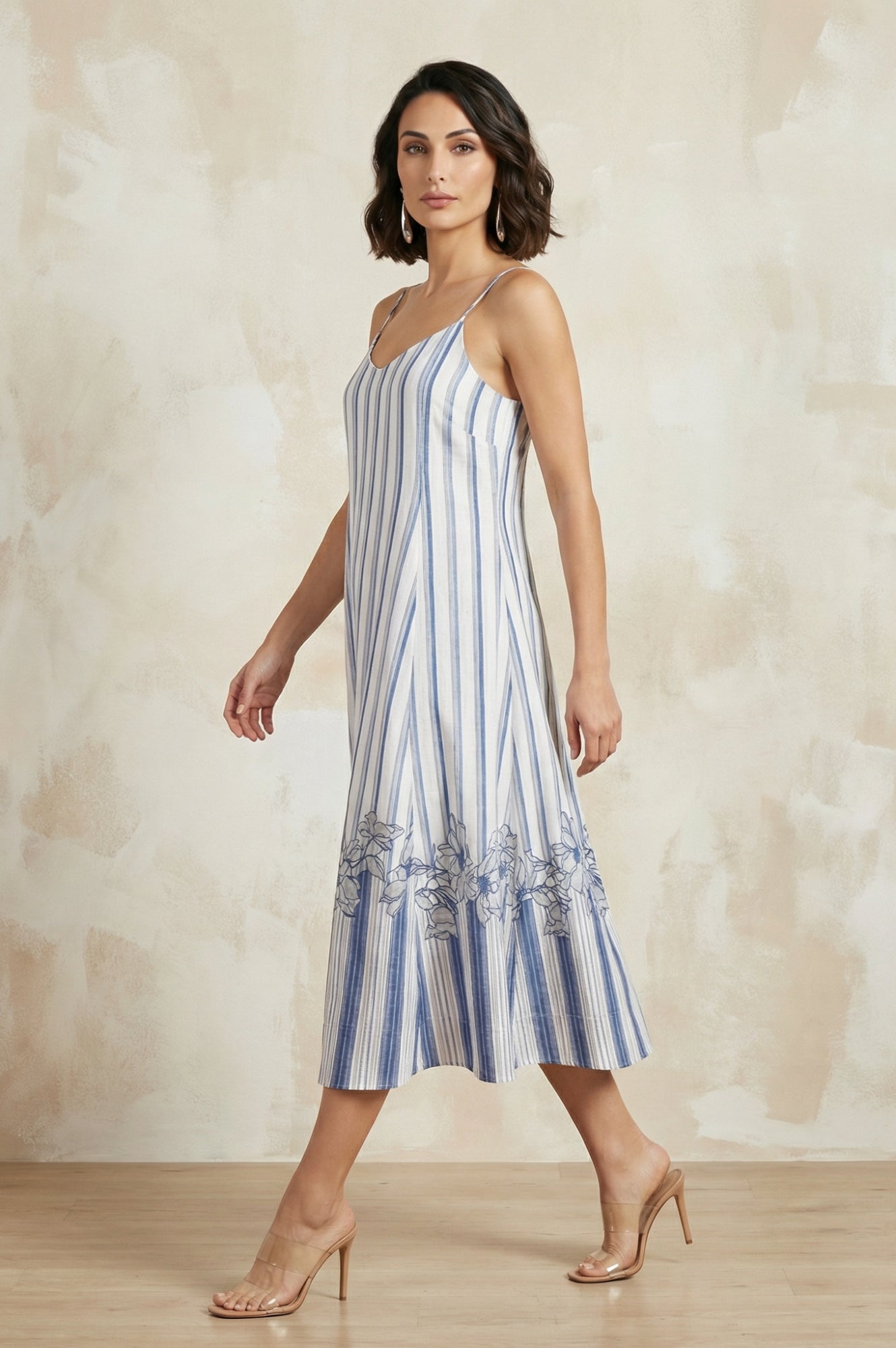 White Striped Floral Printed Noodle Straps Rayon A-line Western Dress