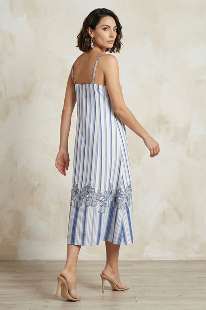 White Striped Floral Printed Noodle Straps Rayon A-line Western Dress