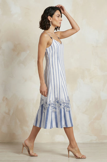 White Striped Floral Printed Noodle Straps Rayon A-line Western Dress
