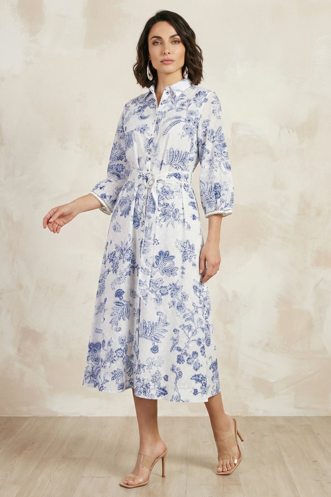 White Floral Printed Pure Cotton A-line Shirt Dress with Fabric Belt
