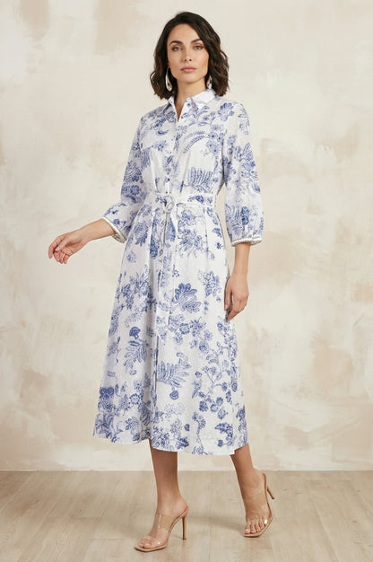 White Floral Printed Pure Cotton A-line Shirt Dress with Fabric Belt