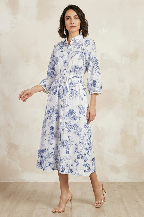 White Floral Printed Pure Cotton A-line Shirt Dress with Fabric Belt