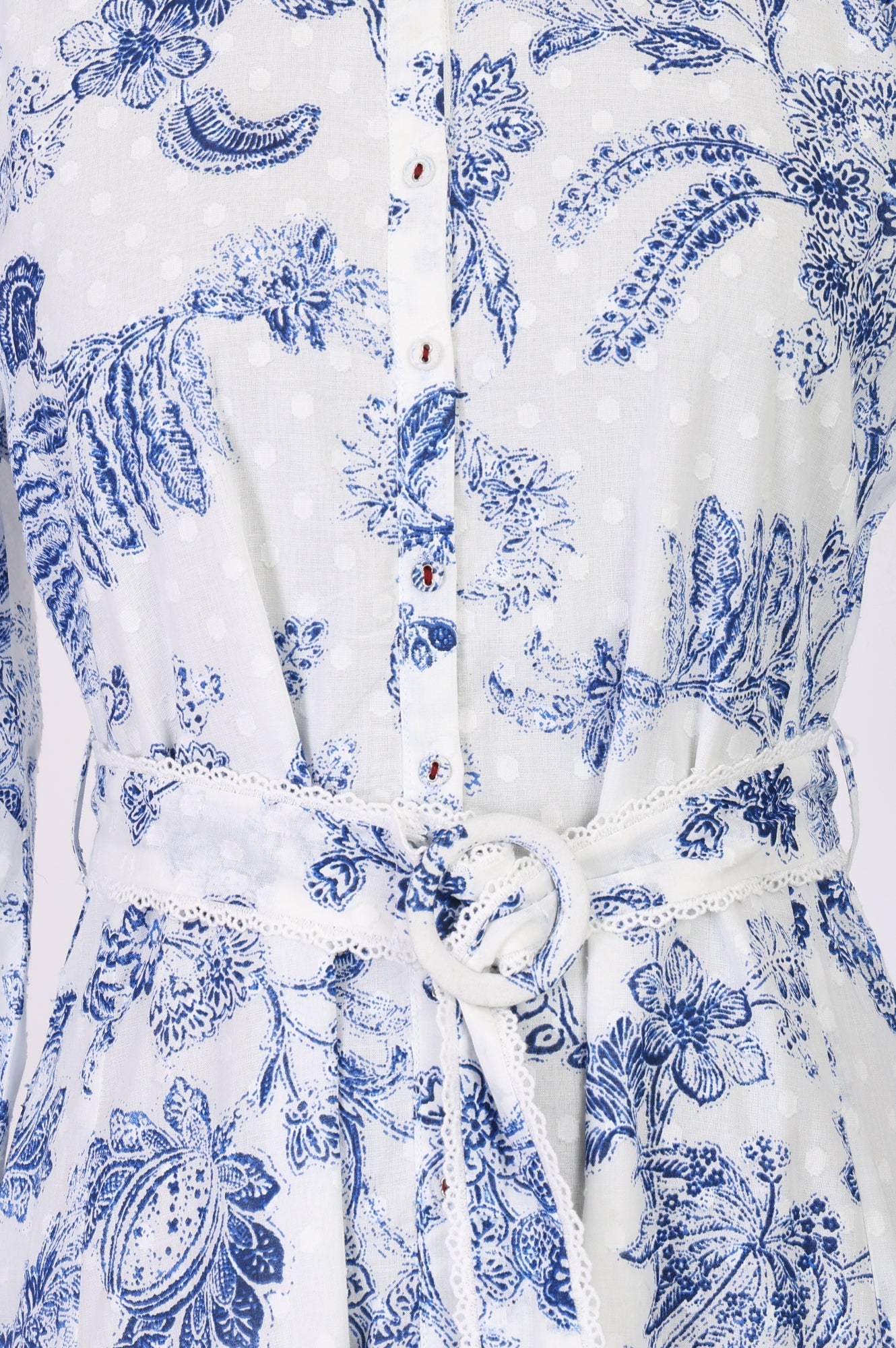 White Floral Printed Pure Cotton A-line Shirt Dress with Fabric Belt