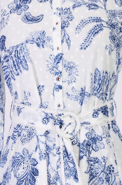 White Floral Printed Pure Cotton A-line Shirt Dress with Fabric Belt