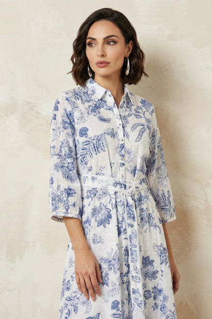 White Floral Printed Pure Cotton A-line Shirt Dress with Fabric Belt
