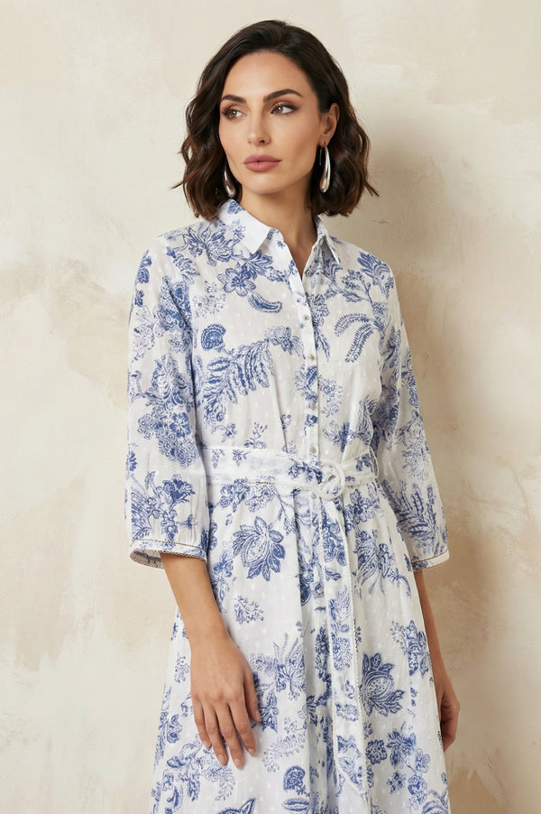 White Floral Printed Pure Cotton A-line Shirt Dress with Fabric Belt