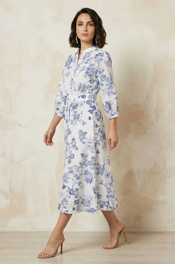 White Floral Printed Pure Cotton A-line Shirt Dress with Fabric Belt