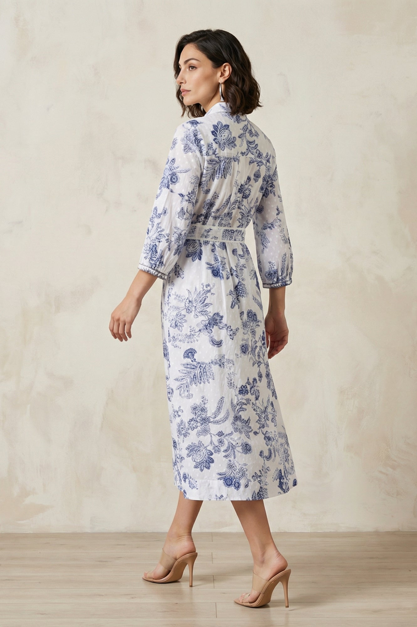 White Floral Printed Pure Cotton A-line Shirt Dress with Fabric Belt