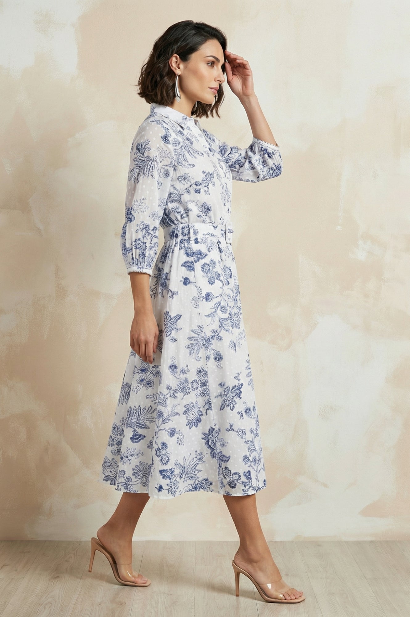 White Floral Printed Pure Cotton A-line Shirt Dress with Fabric Belt
