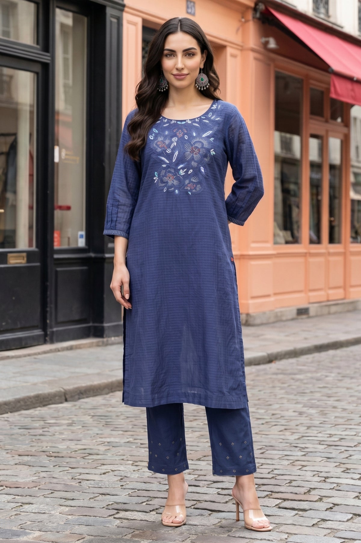 Blue Embroidered Pure Cotton Straight Kurta