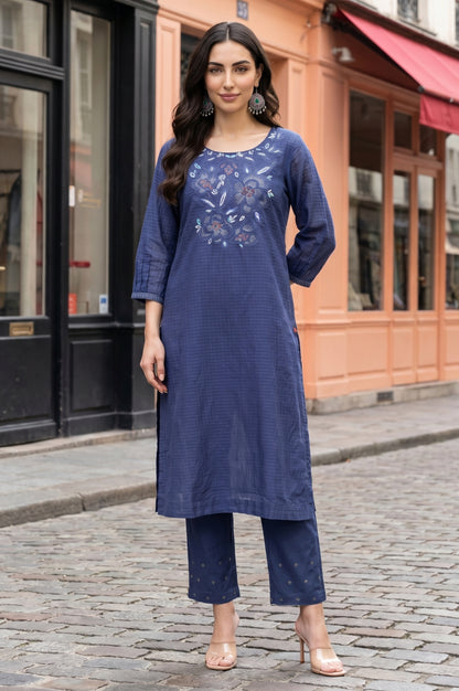 Blue Embroidered Pure Cotton Straight Kurta