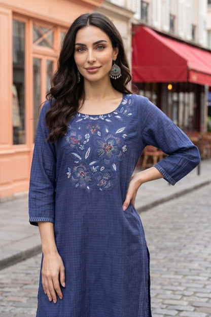 Blue Embroidered Pure Cotton Straight Kurta