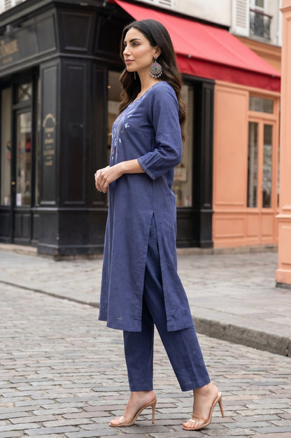 Blue Embroidered Pure Cotton Straight Kurta