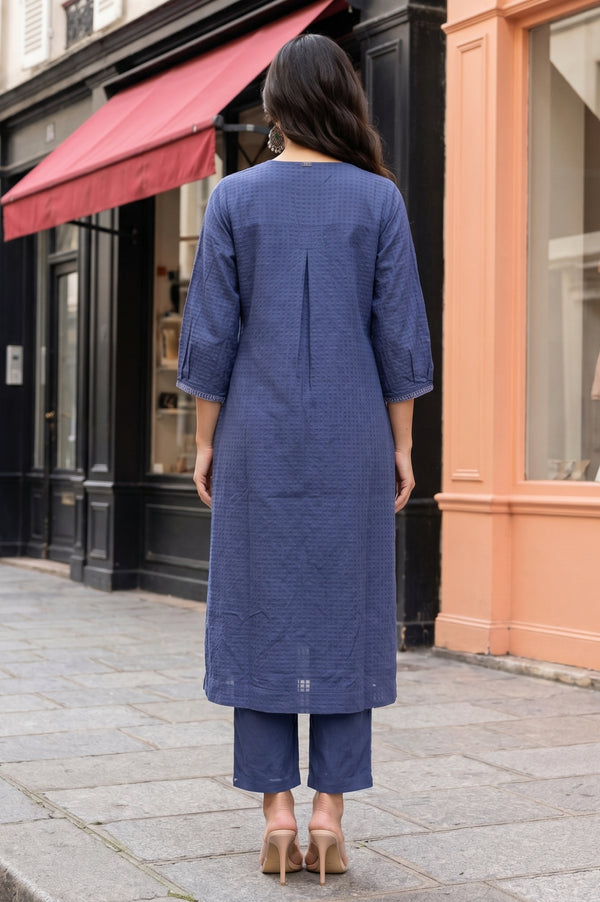 Blue Embroidered Pure Cotton Straight Kurta