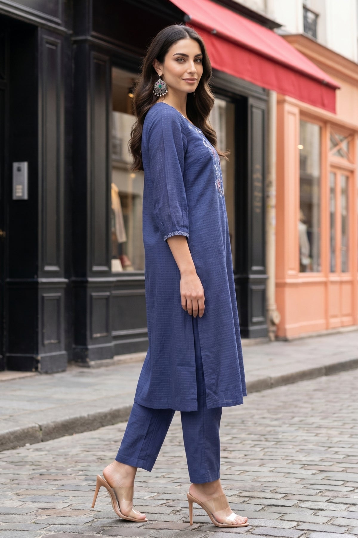 Blue Embroidered Pure Cotton Straight Kurta
