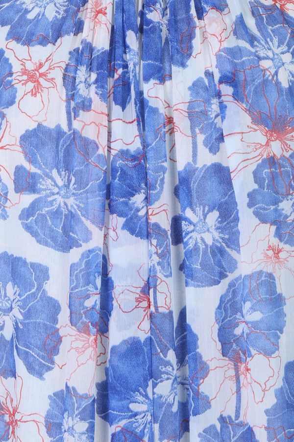 Blue Floral Printed Sleeveless Chiffon A-line Dress