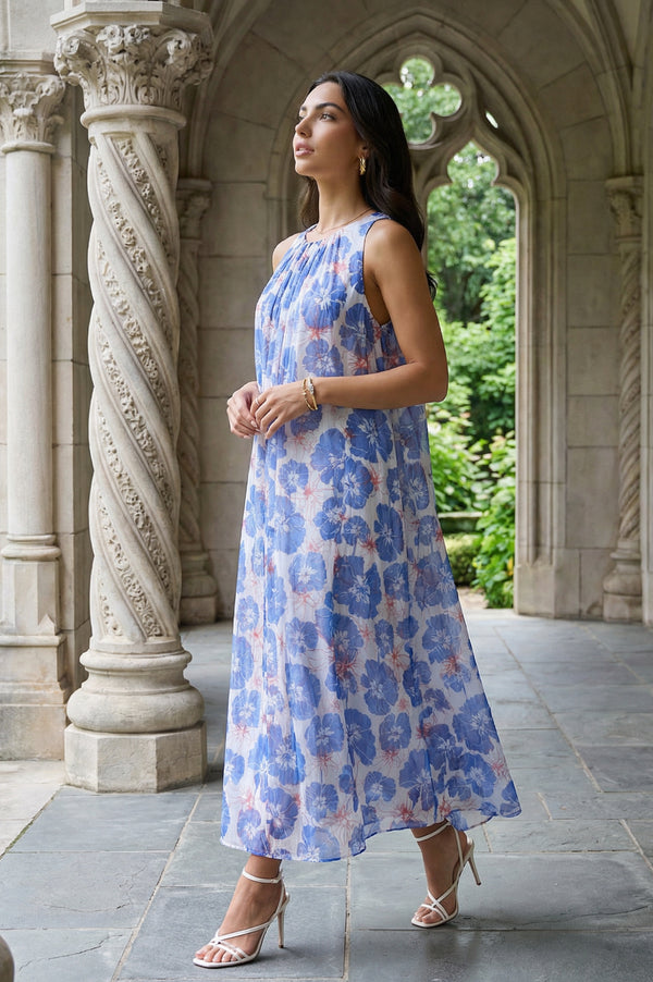Blue Floral Printed Sleeveless Chiffon A-line Dress