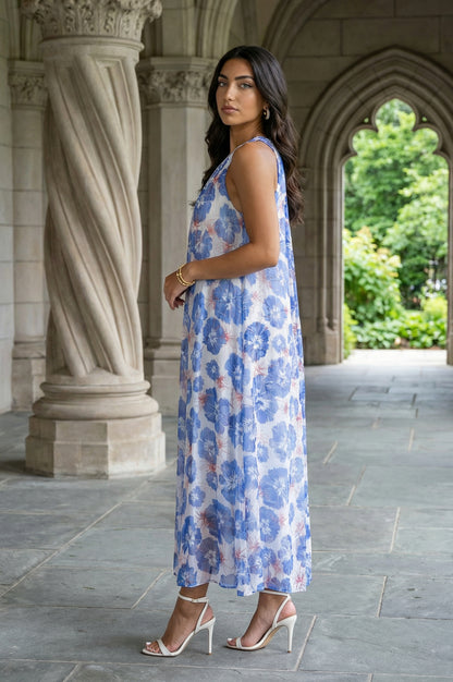 Blue Floral Printed Sleeveless Chiffon A-line Dress