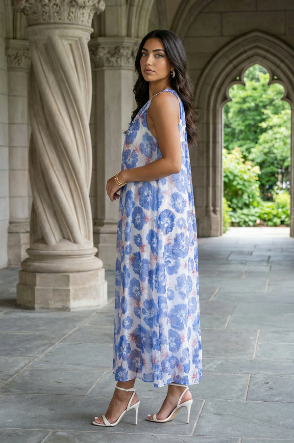 Blue Floral Printed Sleeveless Chiffon A-line Dress