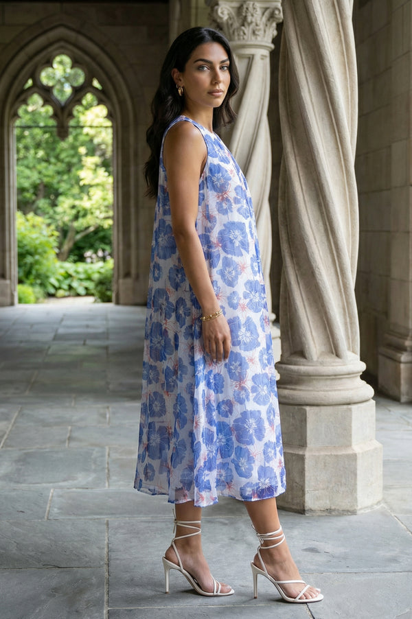 Blue Floral Printed Sleeveless Chiffon A-line Dress