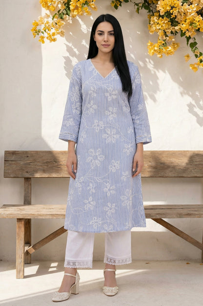 Blue Thread Embroidered Pure Cotton Straight Kurta