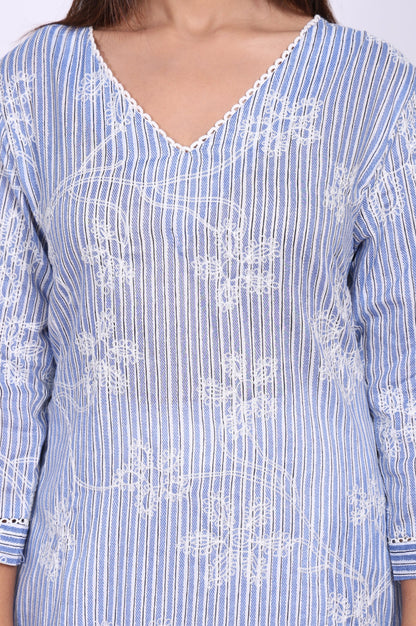 Blue Thread Embroidered Pure Cotton Straight Kurta
