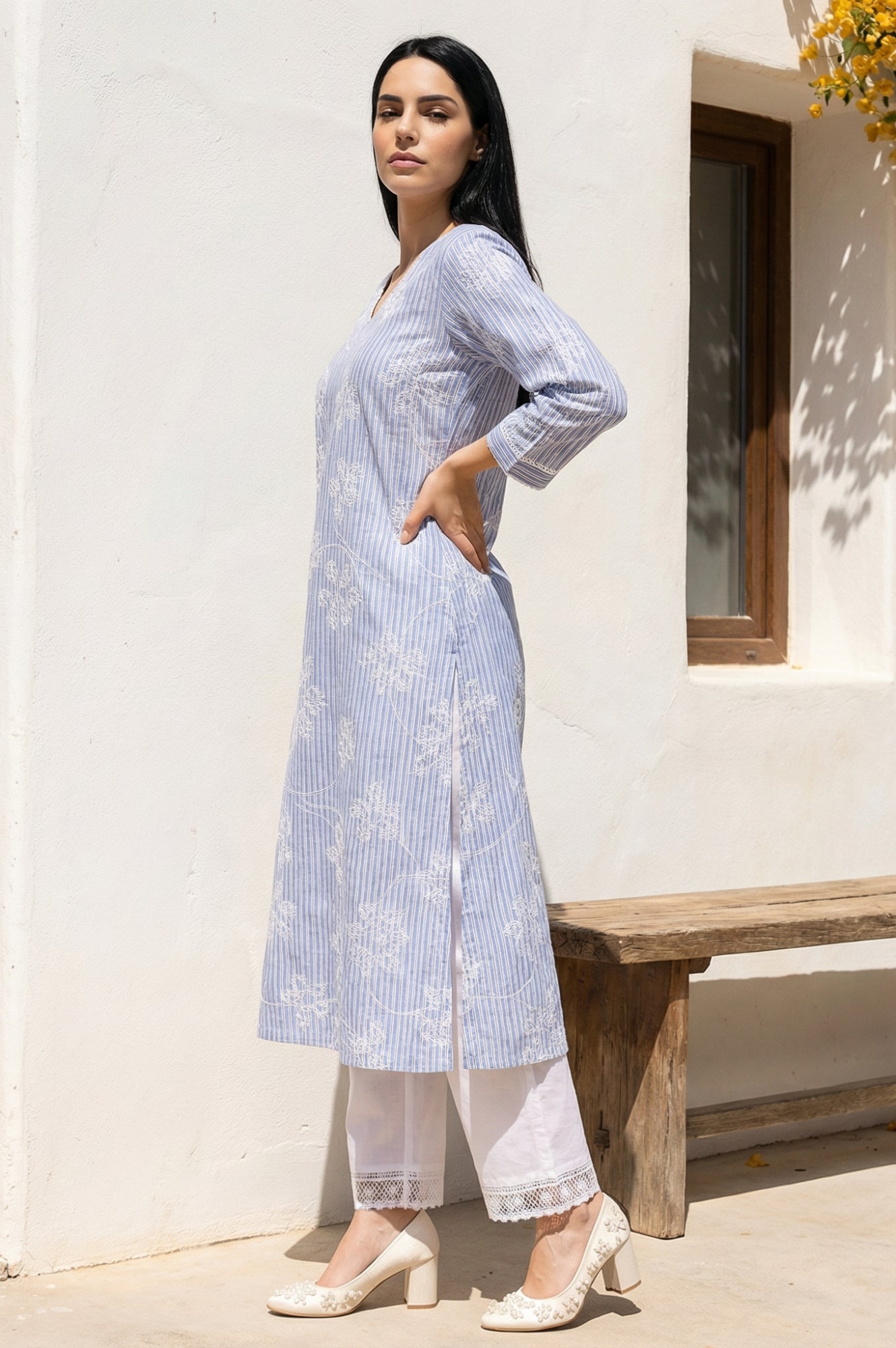 Blue Thread Embroidered Pure Cotton Straight Kurta