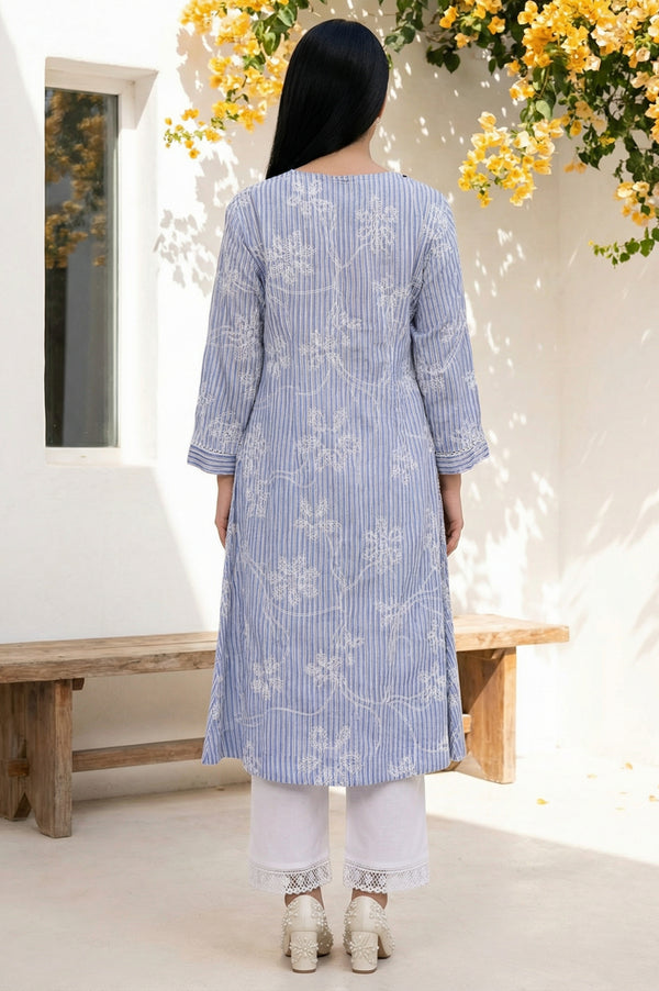 Blue Thread Embroidered Pure Cotton Straight Kurta