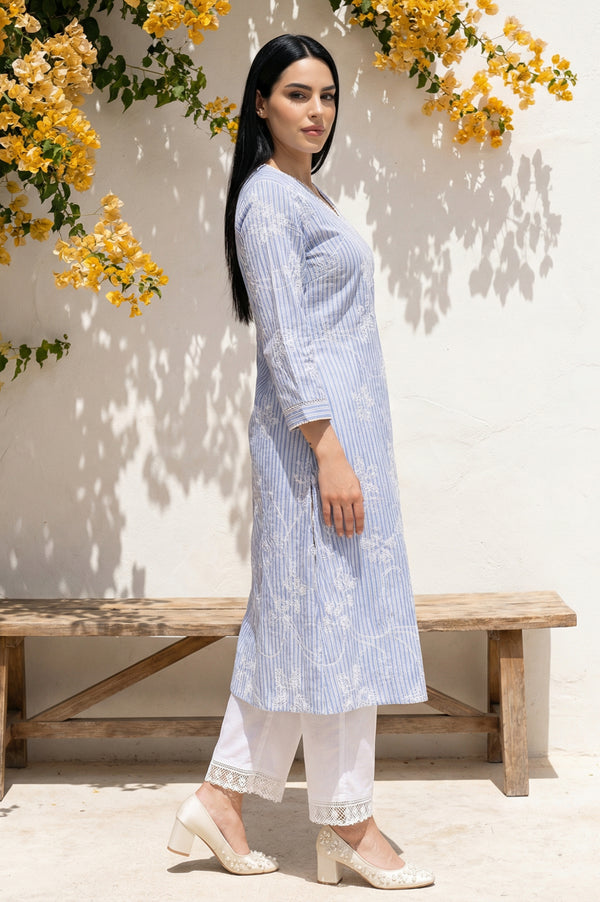 Blue Thread Embroidered Pure Cotton Straight Kurta