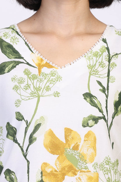 White Floral Printed Thread Work Straight Rayon Kurta