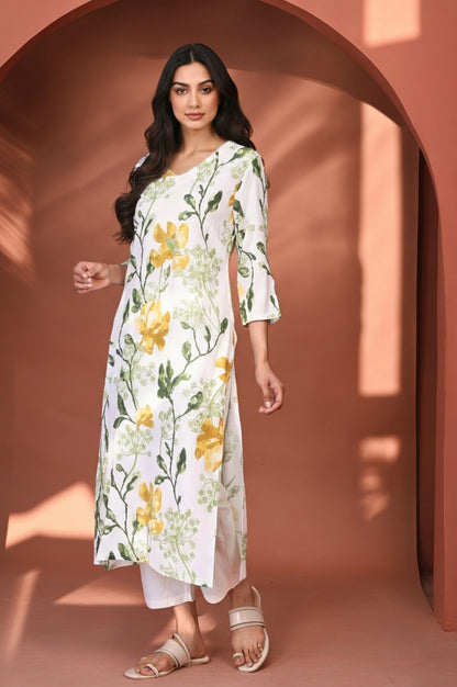 White Floral Printed Thread Work Straight Rayon Kurta