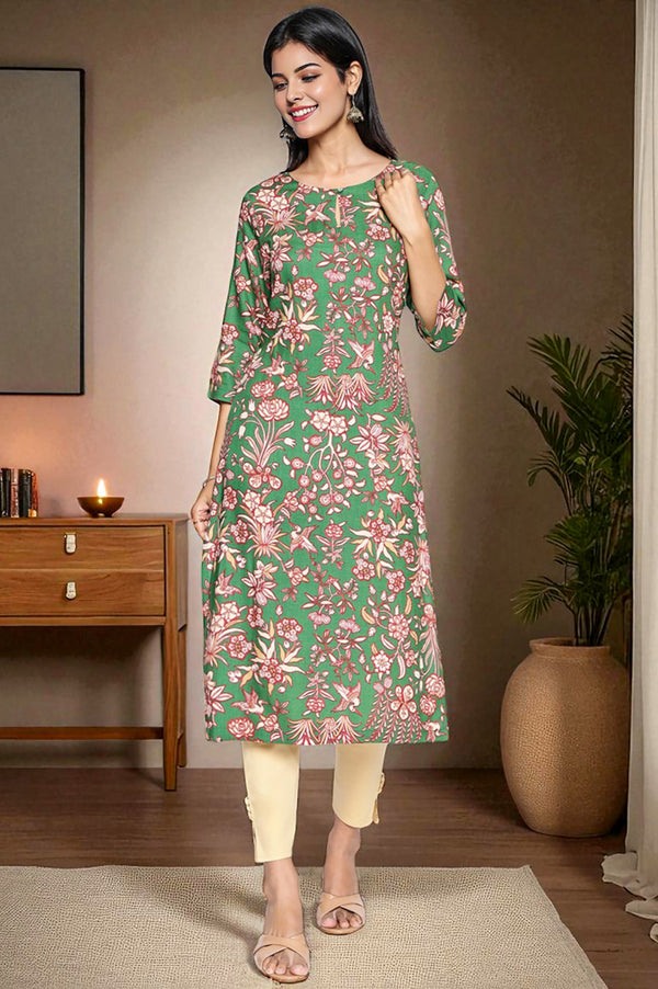 Green Botanical Print Thread Work Straight Rayon Kurta