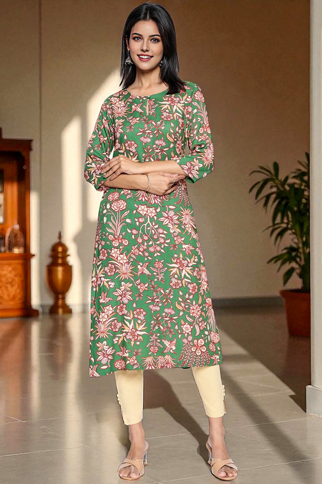 Green Botanical Print Thread Work Straight Rayon Kurta