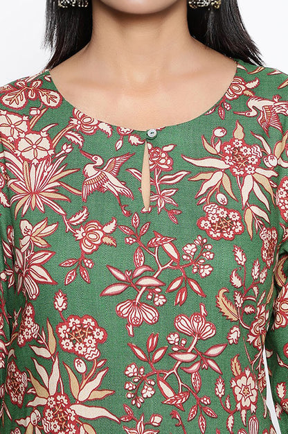 Green Botanical Print Thread Work Straight Rayon Kurta