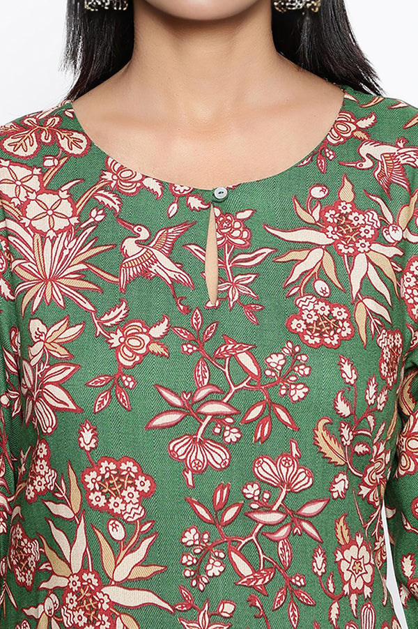 Green Botanical Print Thread Work Straight Rayon Kurta