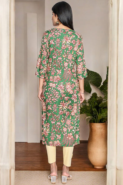 Green Botanical Print Thread Work Straight Rayon Kurta