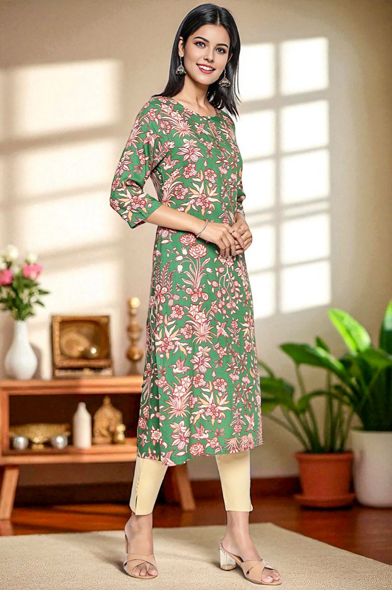 Green Botanical Print Thread Work Straight Rayon Kurta