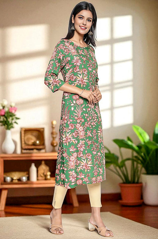 Green Botanical Print Thread Work Straight Rayon Kurta